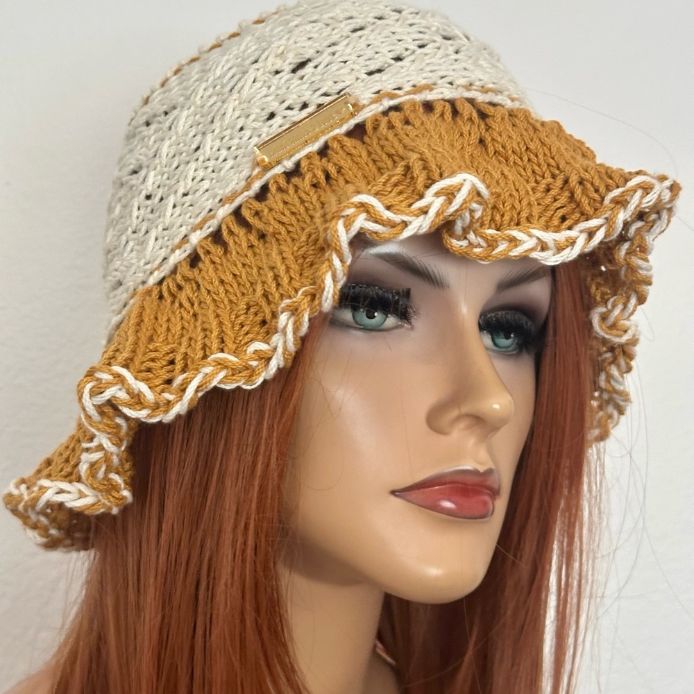 HatHand Knits 2 Love Cotton Brim Bucket Hat Flower Lace Bead Designer Hip Chic